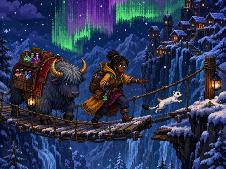 Cena em pixel art: uma viajante e um iaque atravessam uma ponte de corda sob a aurora