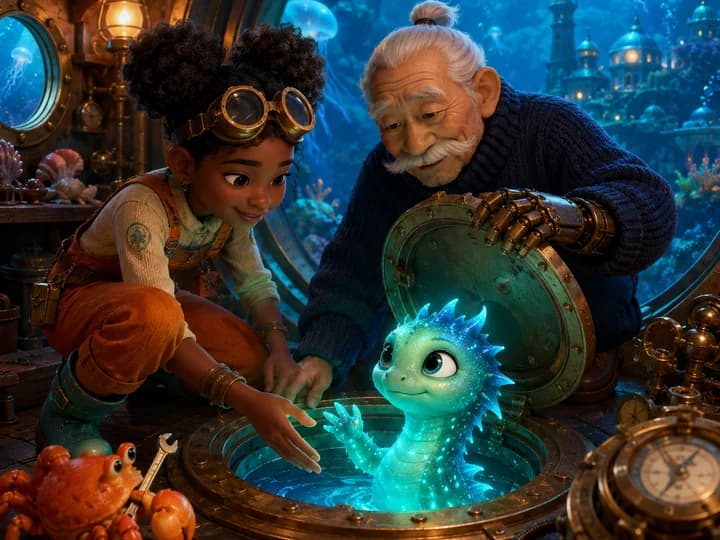 Cena em animação 3D: uma menina e um senhor observam uma criatura marinha luminosa