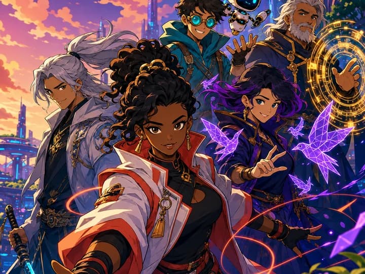 Cena em estilo anime: um grupo de personagens diante de uma cidade futurista ao entardecer