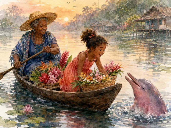 Cena em aquarela: uma avó e uma menina num barco de flores encontram um boto cor-de-rosa