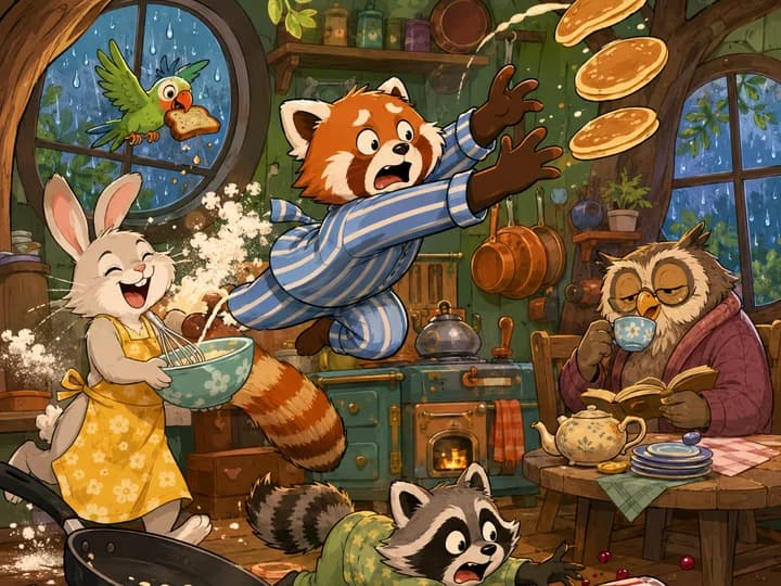 Cena em estilo cartoon: animais preparando panquecas numa cozinha bagunçada